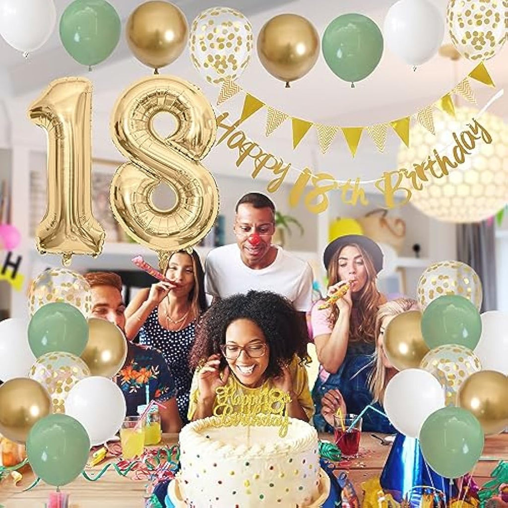 18th Birthday Decorations – Sage Green, Gold & White Party Kit