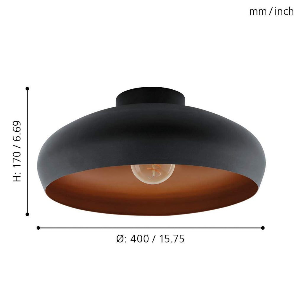 Eglo Mogano Industrial Ceiling Light – Black Steel & Copper E27 Lamp