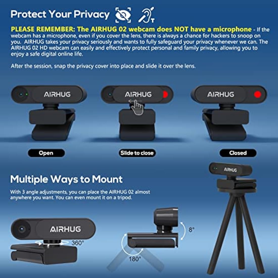 AIRHUG 02 2K Webcam No Microphone – QHD USB Web Camera with Privacy Cover