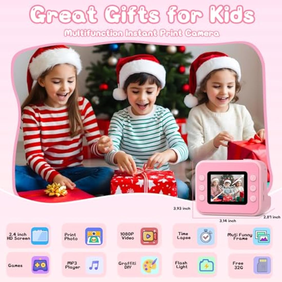 Hangrui Kids Instant Print Camera - 1080P Digital Toy with 32GB Card - Pink