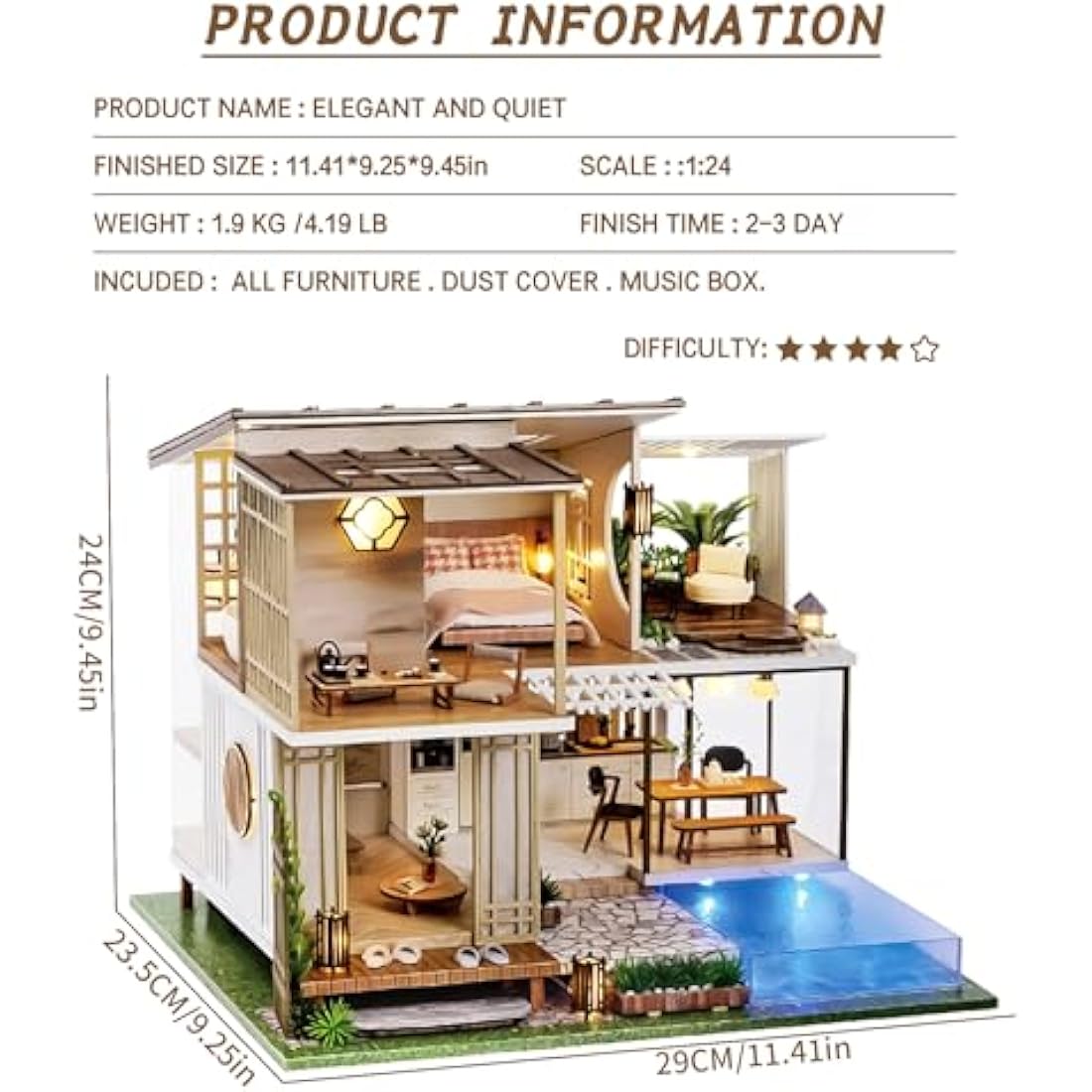 Spilay DIY Miniature Dollhouse Kit | 1:24 Wooden House with Music Box