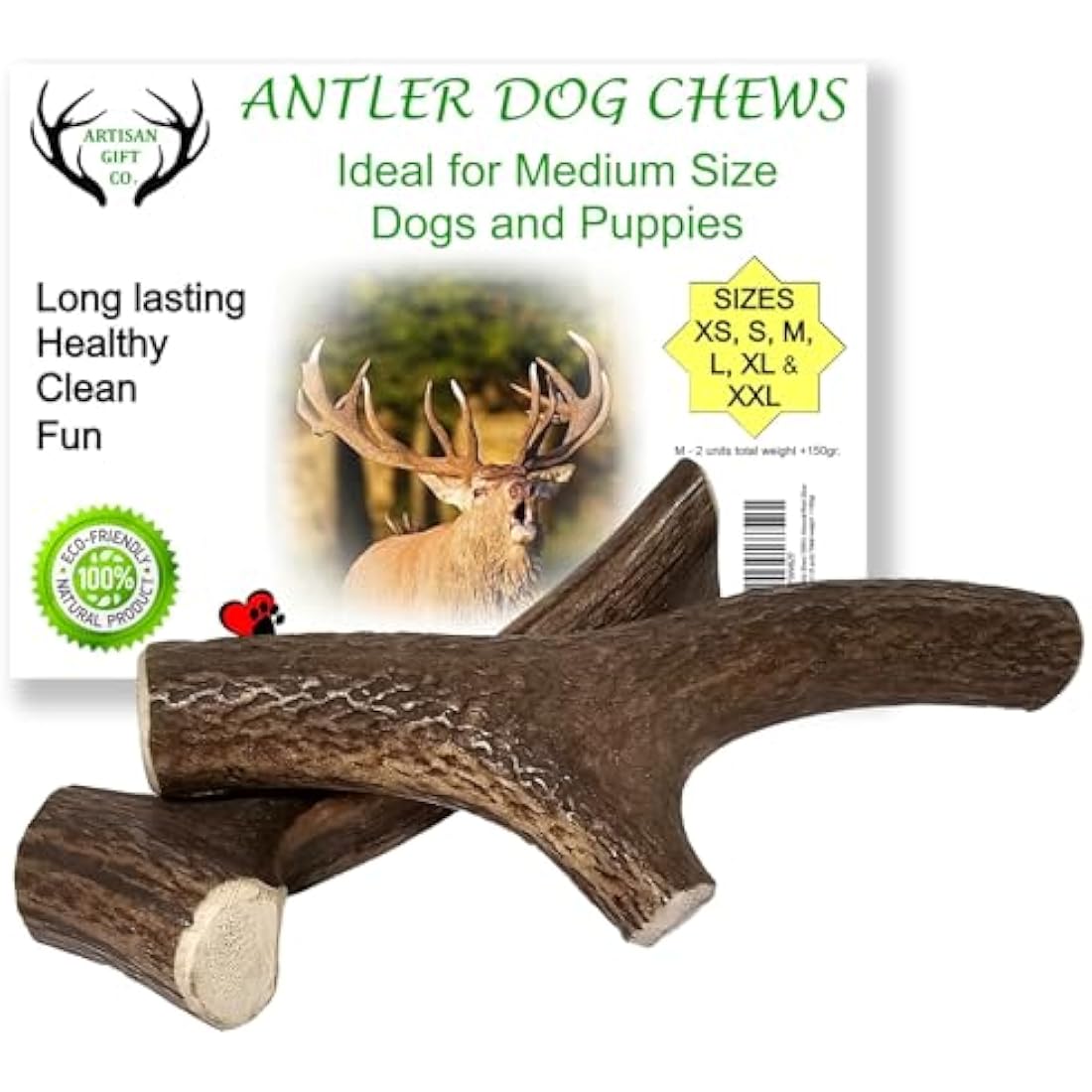 Artisan Gift Co Natural Deer Antler Dog Chews | 150g Pack (2 Units)