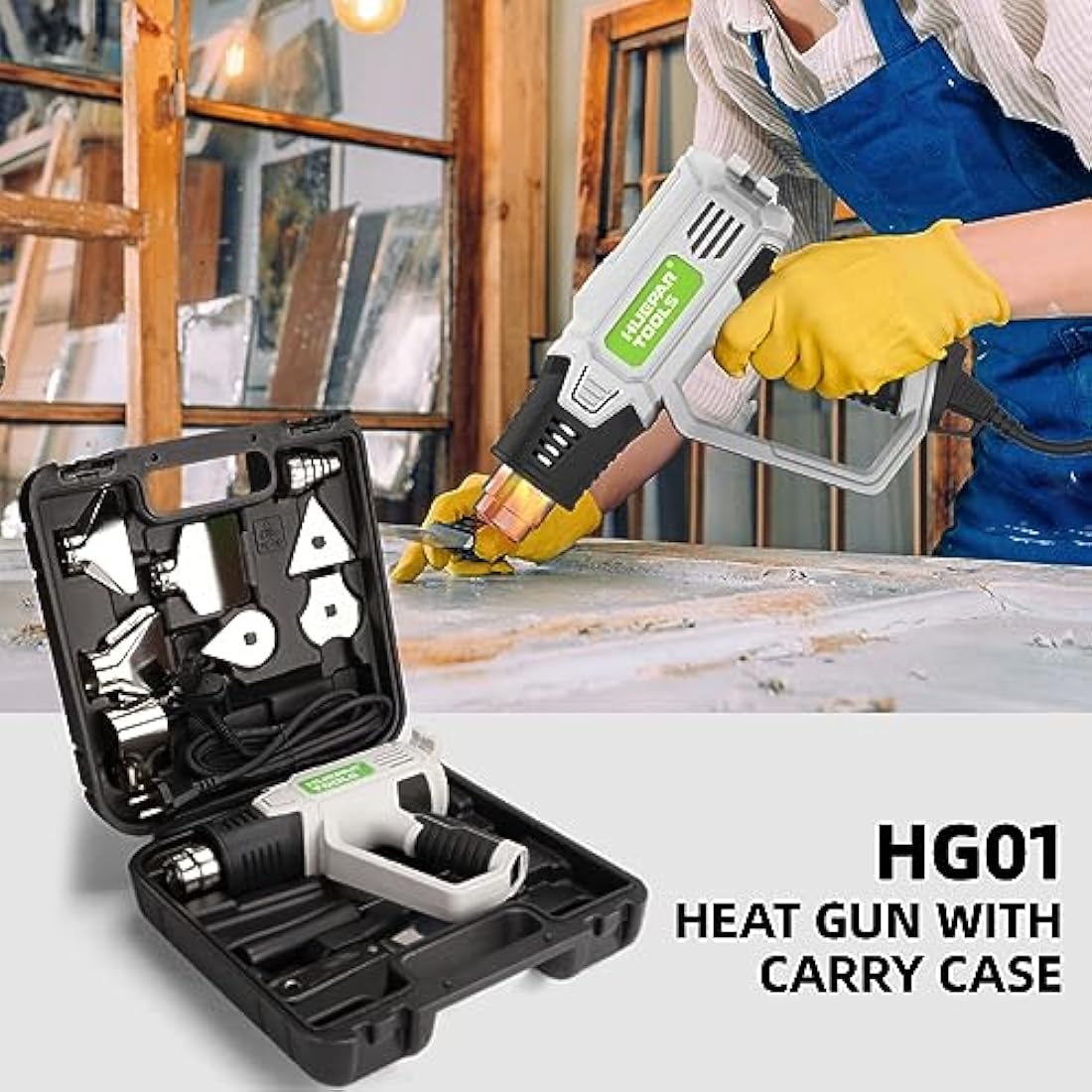 Huepar Tools 2300W Heat Gun - Digital LCD Hot Air Gun Kit with 10 Accessories