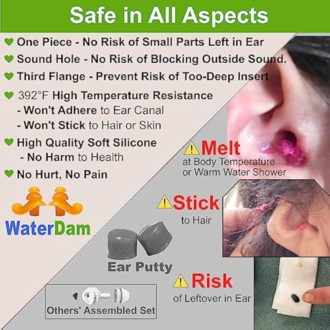 WaterDam Swimming Earplugs | Waterproof Reusable Silicone - 3 Pairs