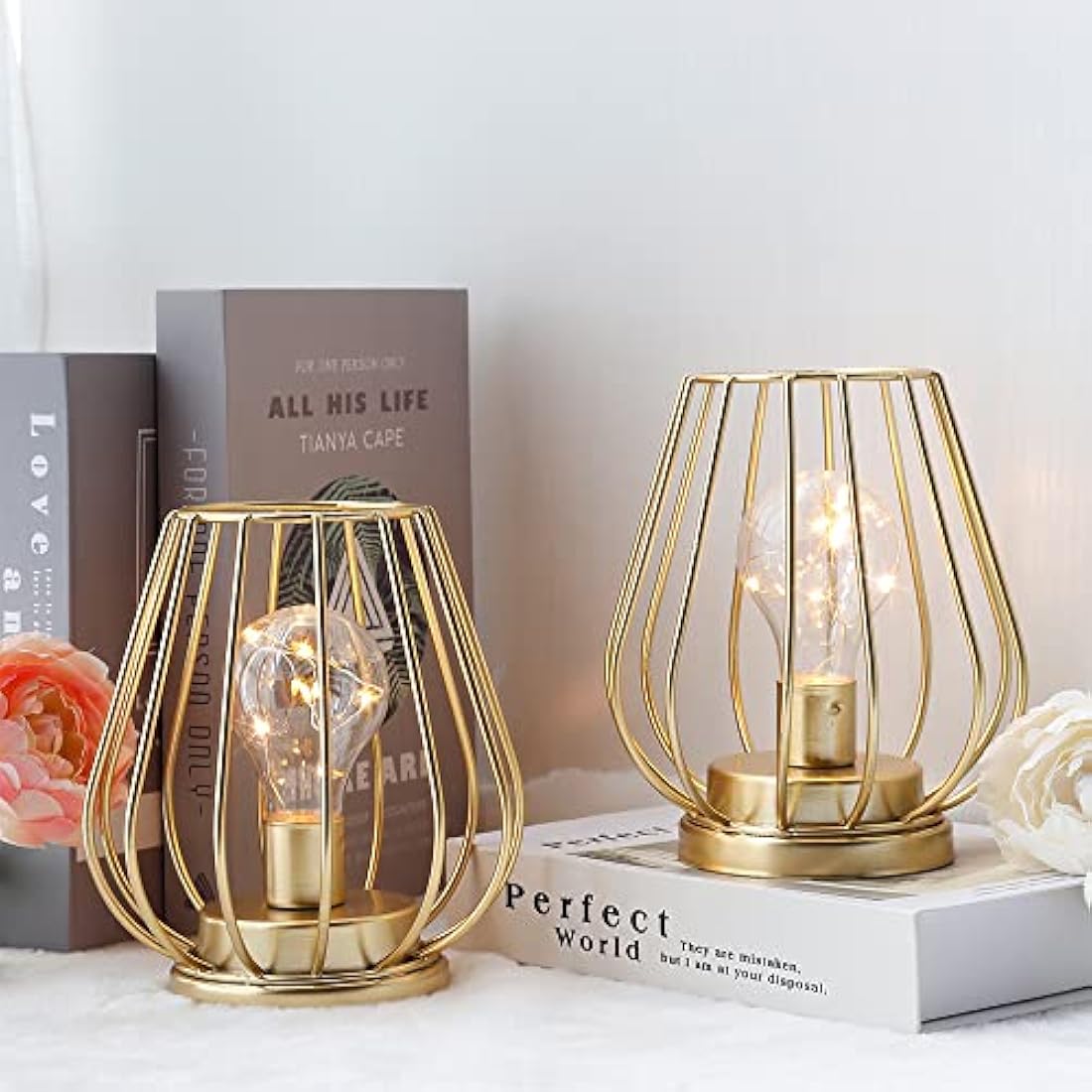 Metal Battery Operated Table Lamp – Set of 2 Gold Cage Lanterns
