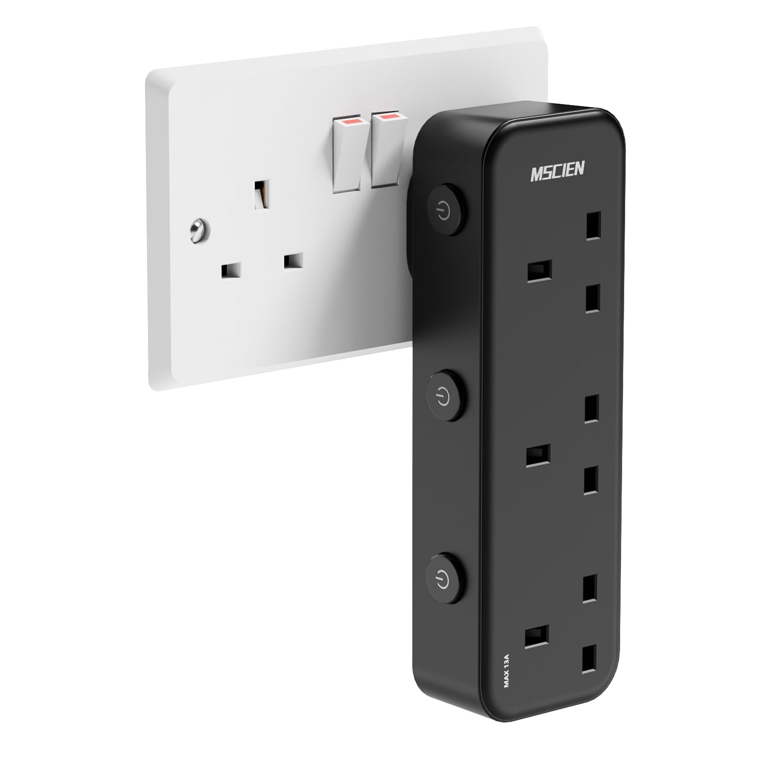 Mscien 3-Way Plug Adapter | Individually Switched Socket Extender - Black