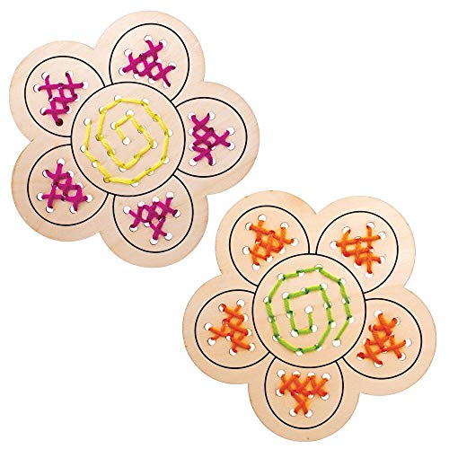 Baker Ross Flower Wooden Threading Kits for Kids - 4 Pack Sewing Craft