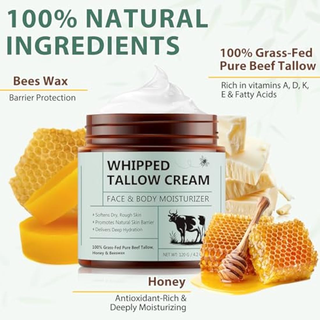 Grass Fed Beef Tallow & Honey Balm - Unscented Face Cream 2PK
