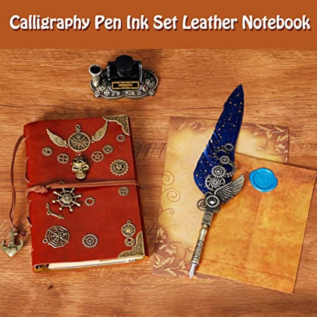 MPRINCE Quill Pen and Ink Set with Leather Notebook - Blue Calligraphy Kit