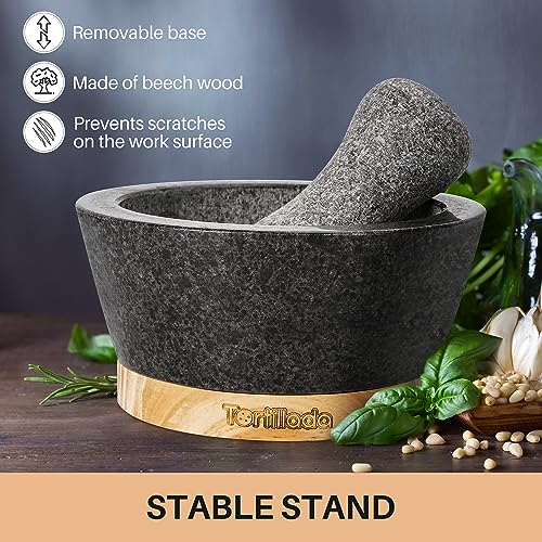 Tortillada Granite Mortar and Pestle Set – 16cm Spice Grinder with Wood Base