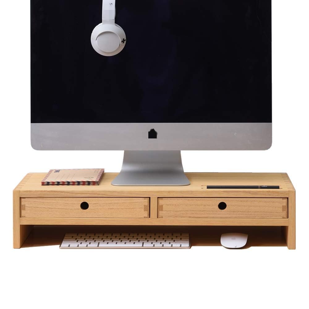 KIRIGEN Solid Wood Monitor Stand with 2 Drawers | Ergonomic Desk Riser