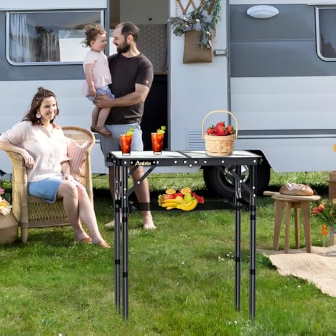 Anbte Folding Camping Table – Adjustable Aluminum Portable Table with Net
