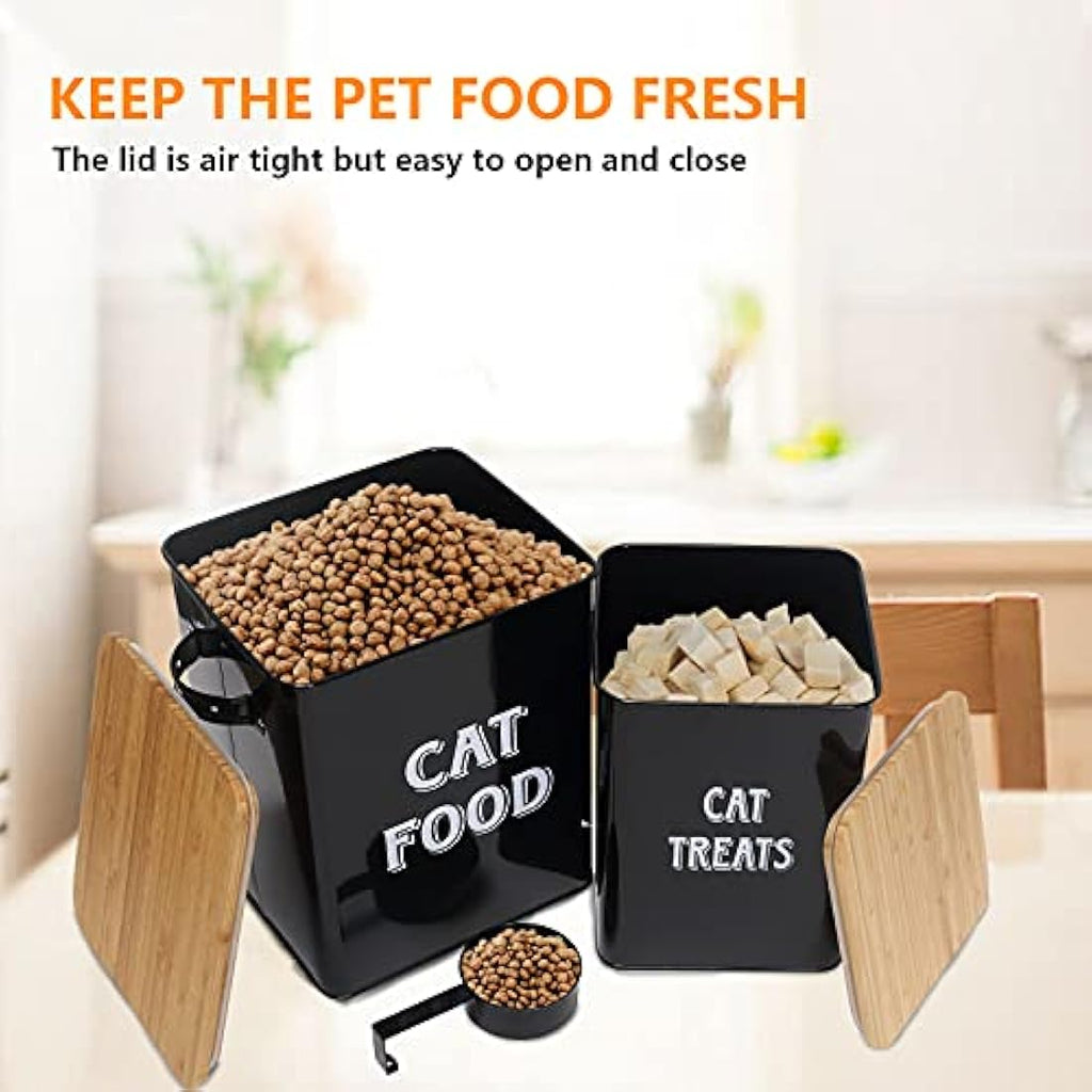 Cat Food and Treats Container Set – Beige Steel with Wood Lids