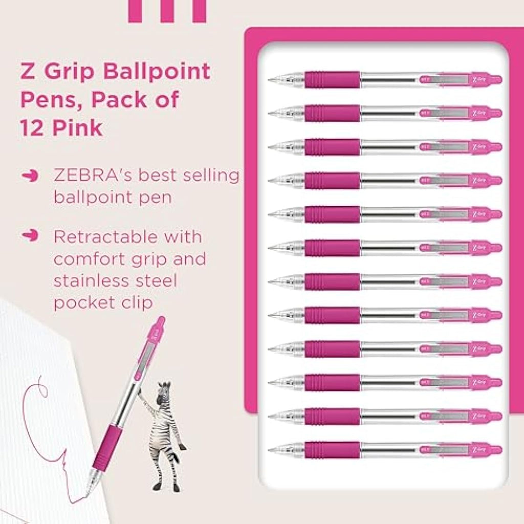 Zebra Z-Grip Retractable Ballpoint Pens, Pink Ink, Medium Point, 12pk