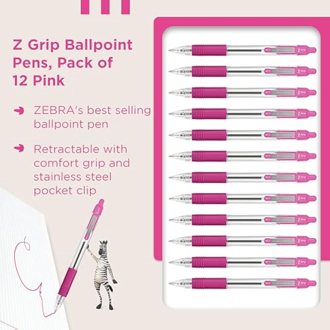 Zebra Z-Grip Retractable Ballpoint Pens, Pink Ink, Medium Point, 12pk