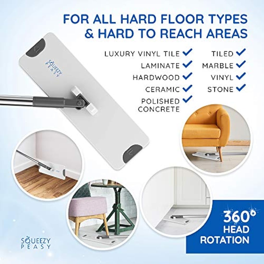SqueezyPeasy Flat Mop and Bucket Set | 3 Chamber System with 5 Mop Pads
