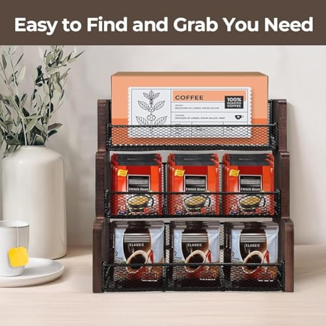 THYGIFTREE 3-Tier Tea Bag Organizer – Solid Wood Storage Box for Countertop