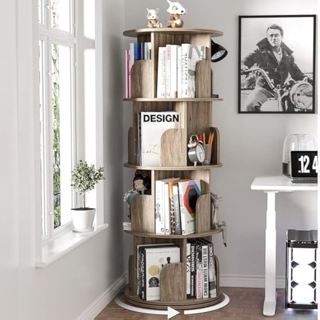 Nisorpa 4-Tier Rotating Bookshelf | 360° Spinning Wooden Bookcase