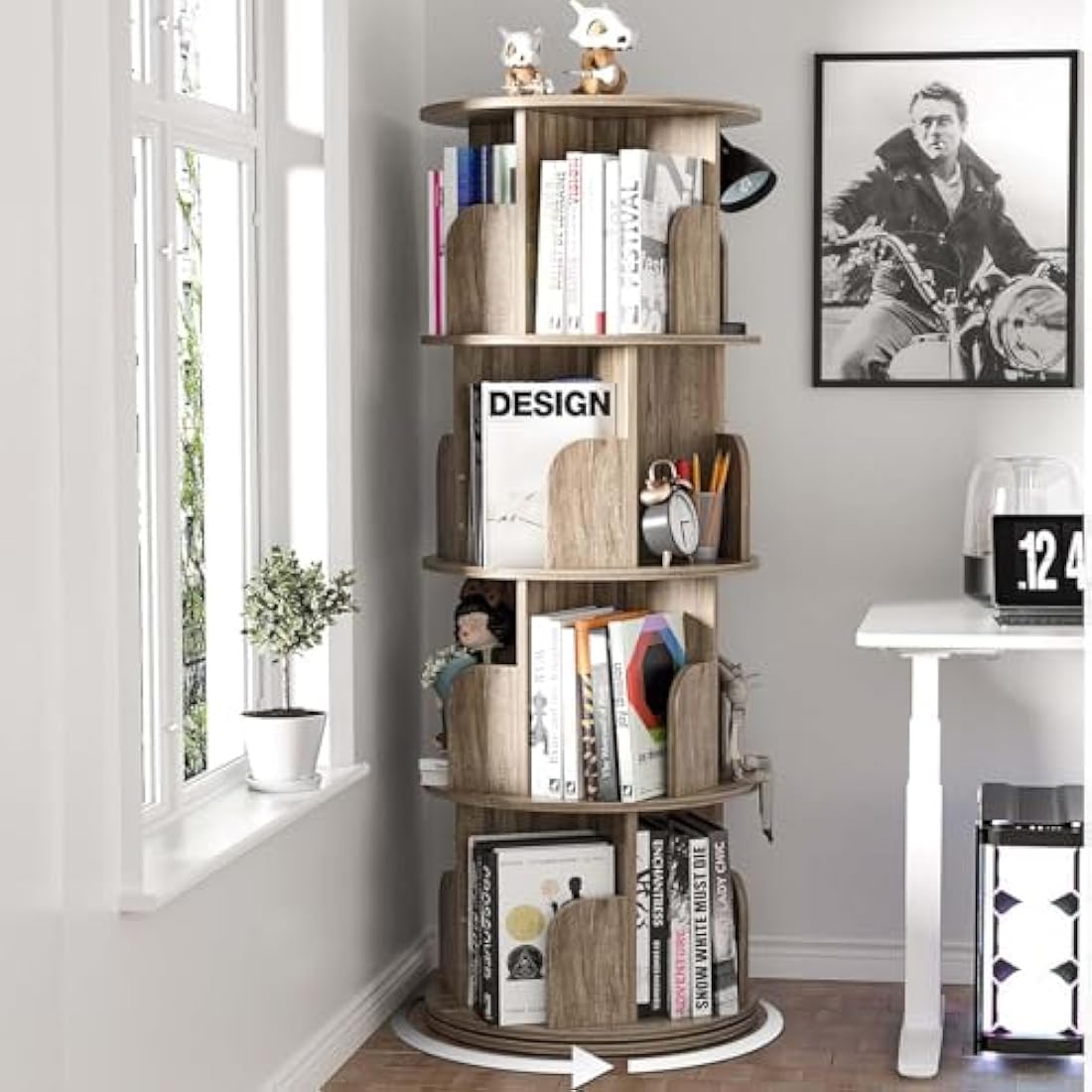 Nisorpa 4-Tier Rotating Bookshelf | 360° Spinning Wooden Bookcase