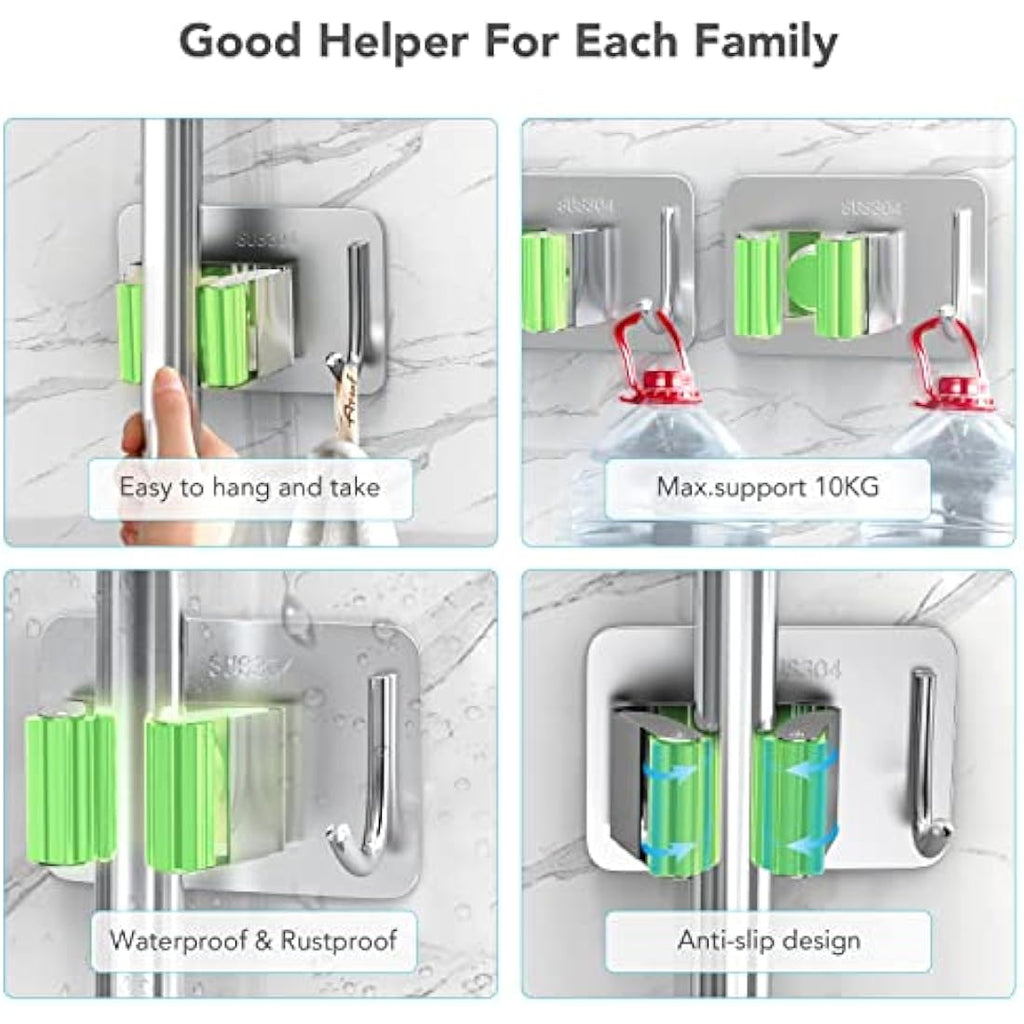 Homeasy Mop and Broom Holder – 4 Pcs Stainless Steel Wall Mount (Green)