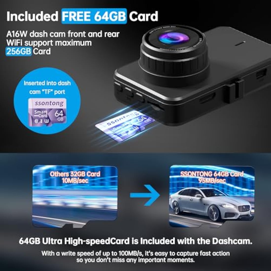Jolof Store 2.5K Dual Dash Cam Front and Rear | WiFi Car Camera with 64GB Card