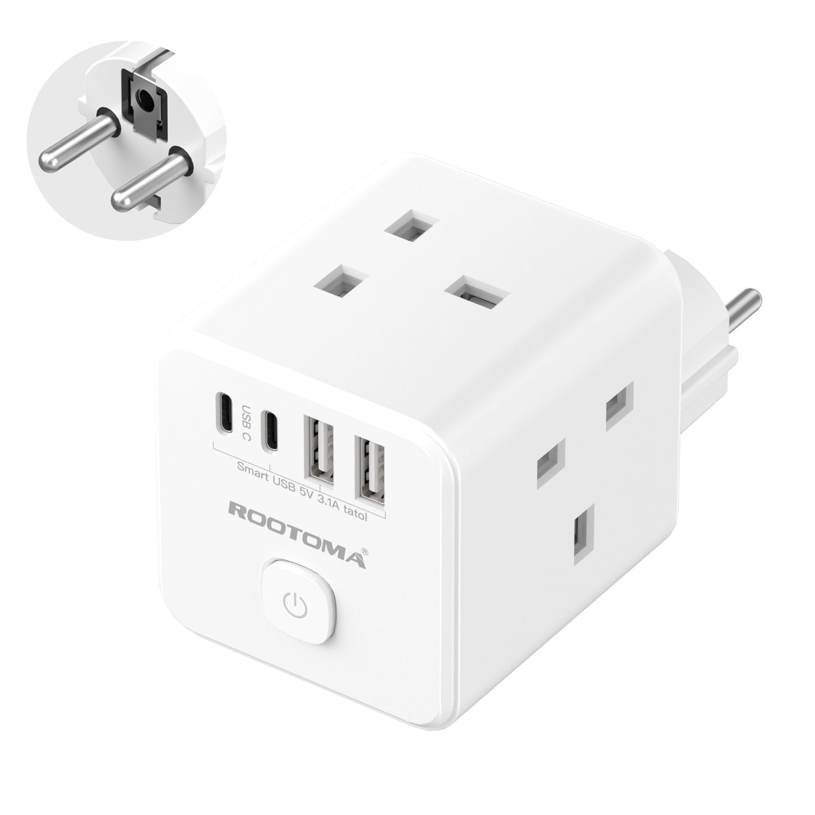 UK to European Plug Adapter - 4 USB Ports (2 USB C) Type E/F