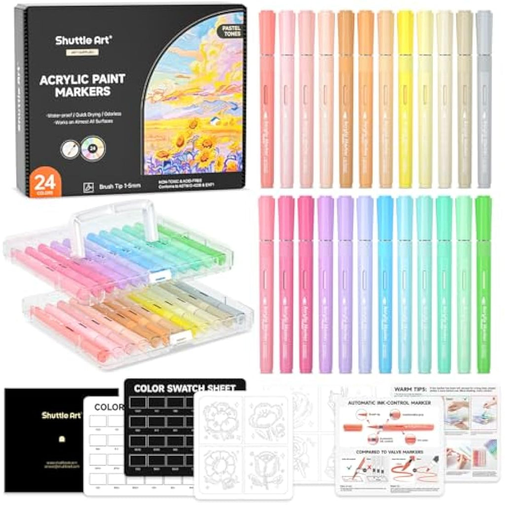 Shuttle Art 24 Pastel Acrylic Paint Pens – Brush Tip Markers for Rock Art