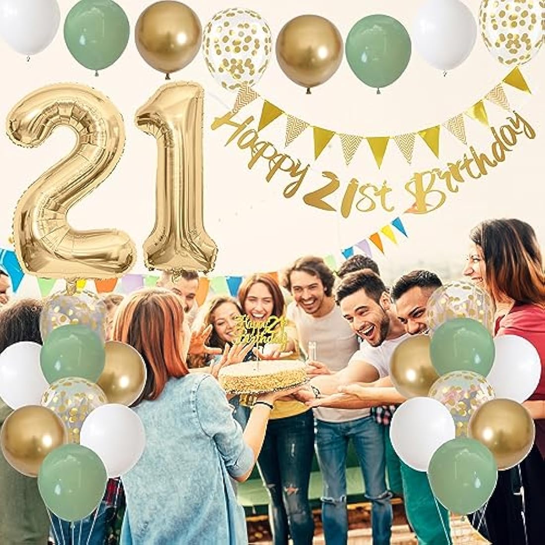 21st Birthday Decorations - Sage Green & Gold Party Supplies Kit