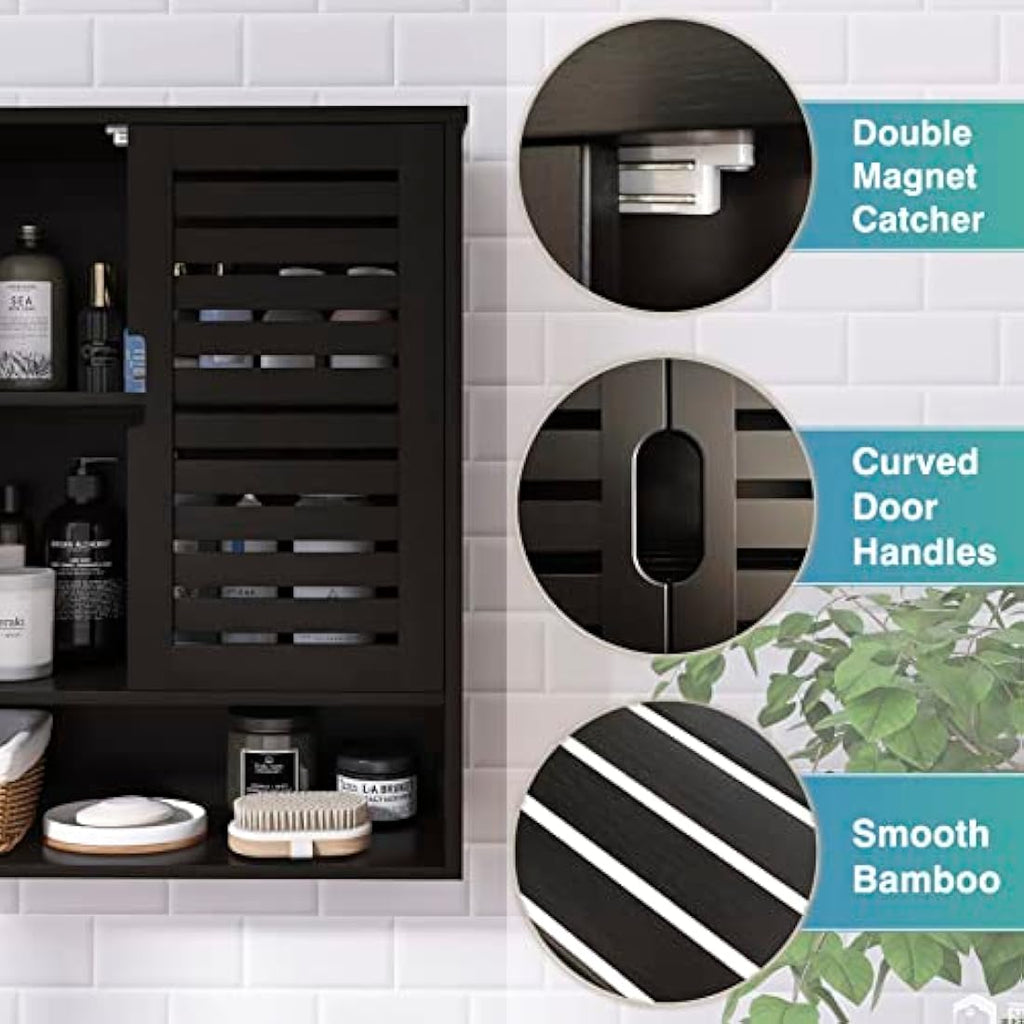 SMIBUY Bamboo Wall Mounted Bathroom Cabinet | 2-Door Storage Organizer - Black