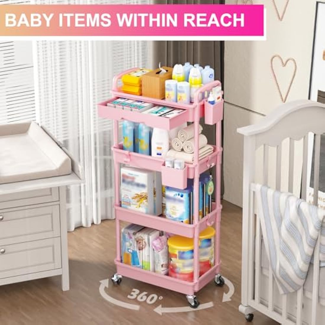 Yeabett 4-Tier Rolling Utility Cart with Drawers - Pink Storage Trolley