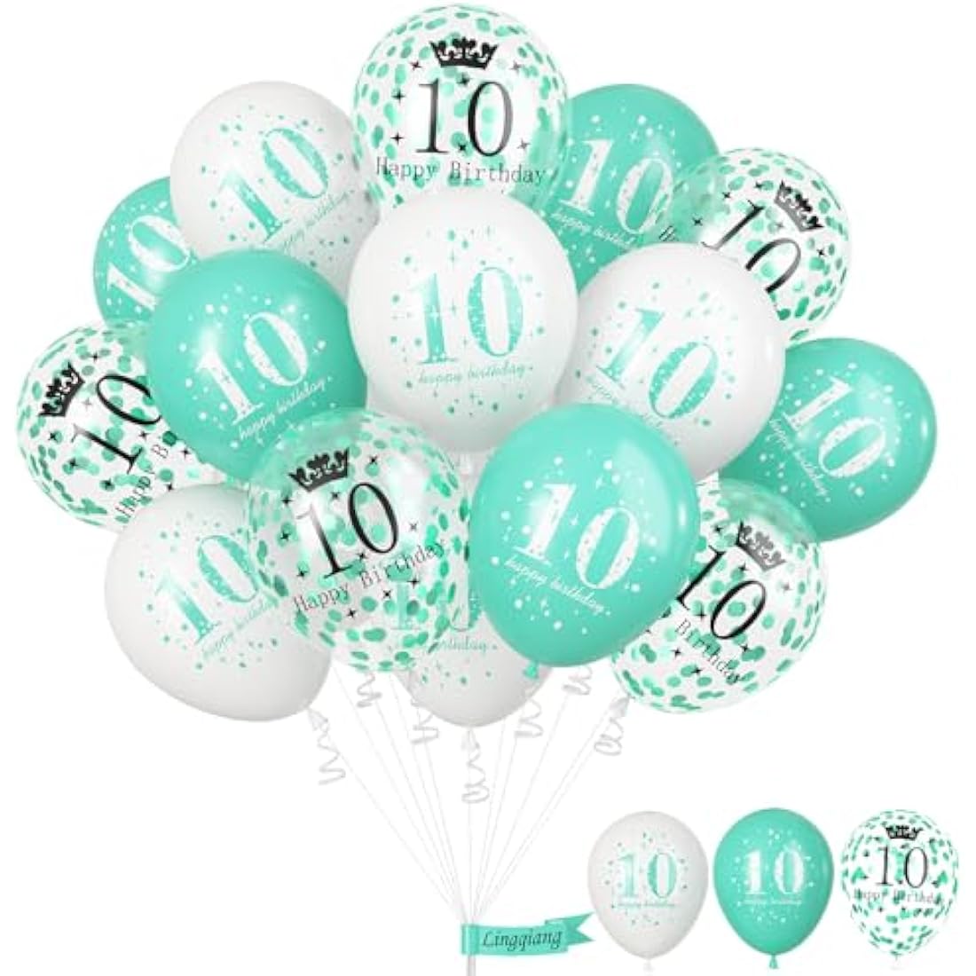 10th Birthday Balloons – 15pc Teal & White Party Decorations