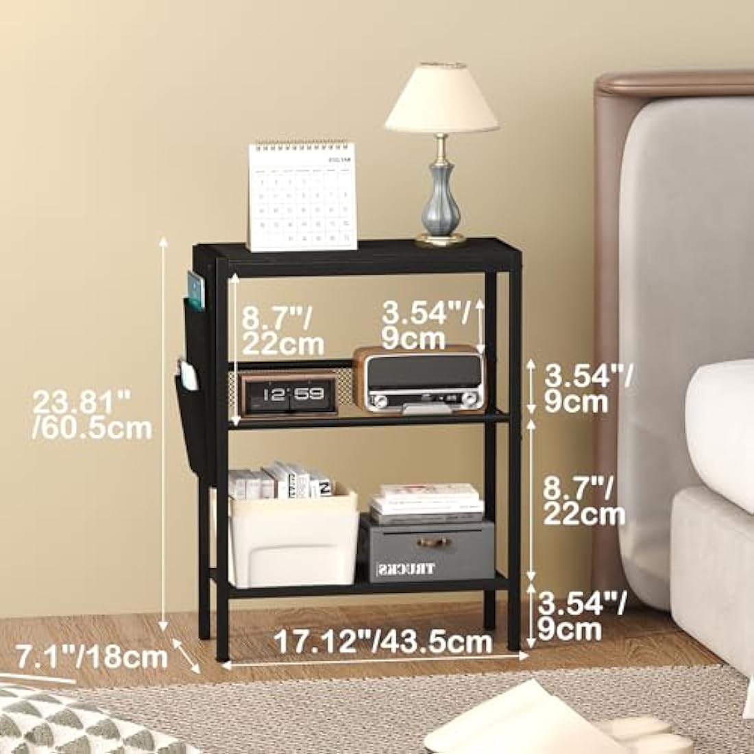 Yusong Narrow End Table | 3-Tier Slim Side Table with Storage, Black Oak