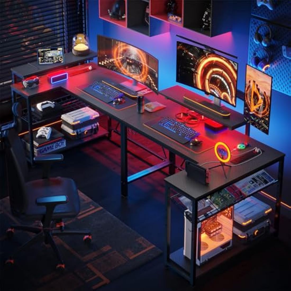 L-Shaped Gaming Desk – Carbon Fiber Corner Desk with RGB LED
