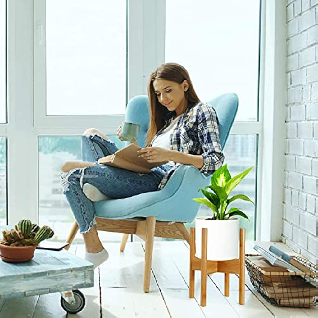 2-Pack Bamboo Plant Stand – Mid-Century Modern Adjustable Holder