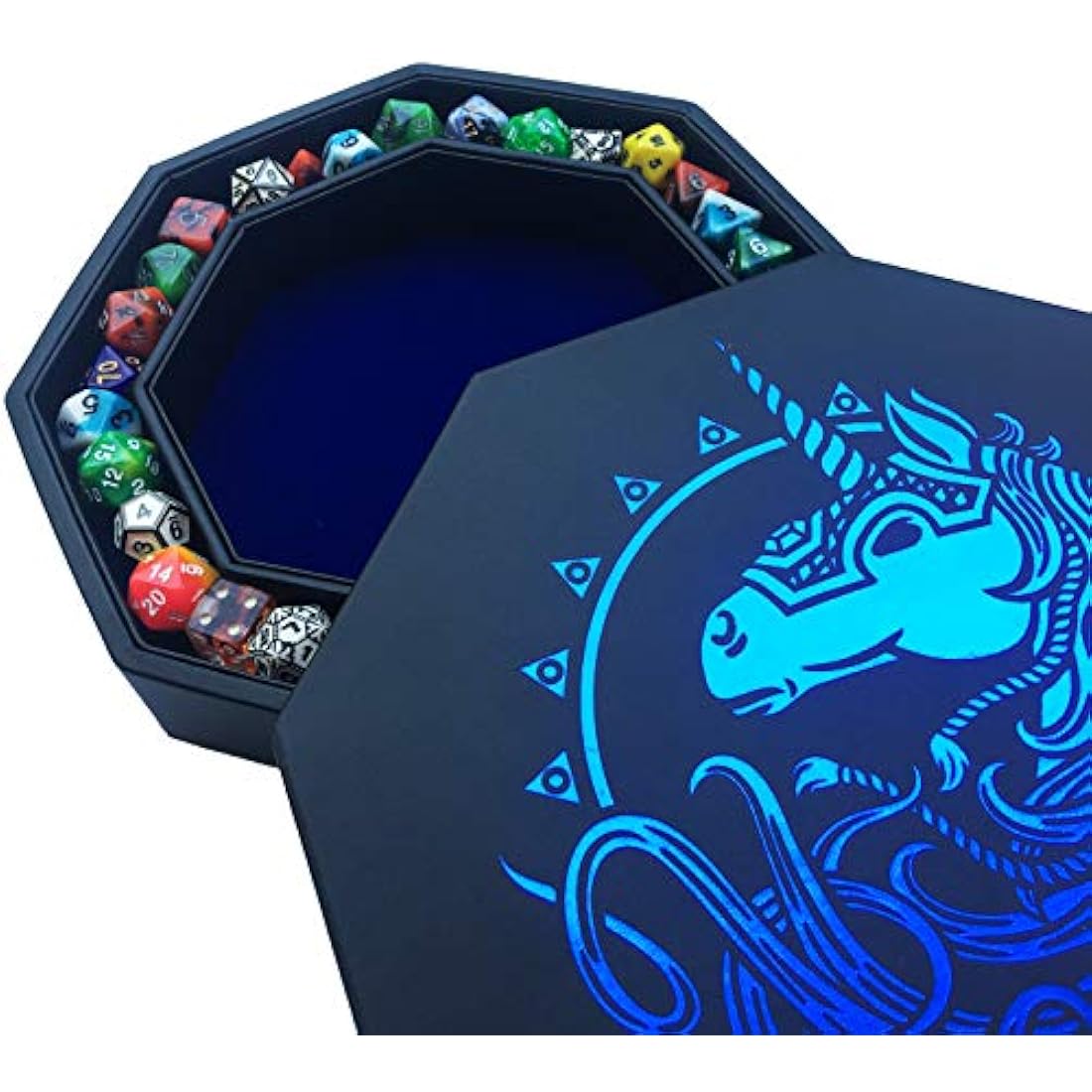 Fantasydice War Unicron Octagon Dice Tray with Lid – Blue Vegan Leather