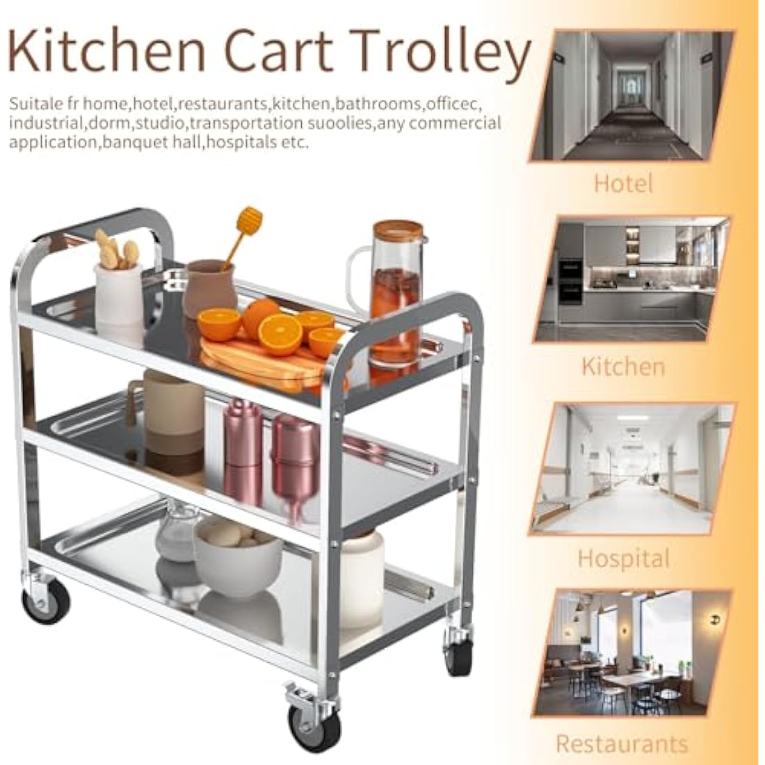 TAIMIKO 3-Tier Stainless Steel Utility Cart | Rolling Kitchen Trolley