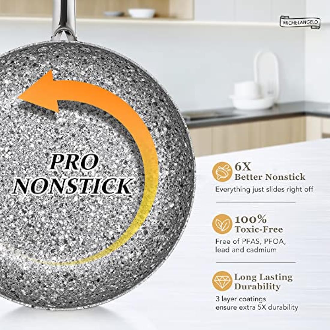 Michelangelo 30cm Non Stick Frying Pan with Lid | Granite Stone Skillet