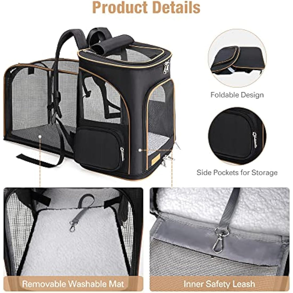 Lekesky Expandable Cat Carrier Backpack | Breathable Pet Rucksack, Black