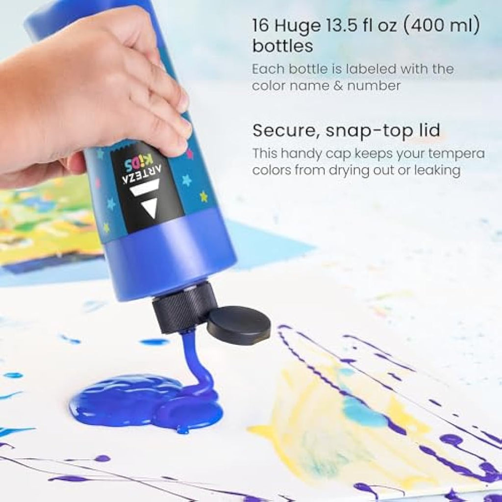 Arteza Kids Washable Tempera Paint Set – 16 Non-Toxic Colors, 400ml