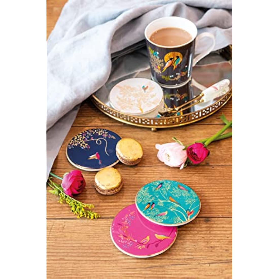 Sara Miller London Ceramic Coasters – Fine China with Gold Detail, 4 Pack