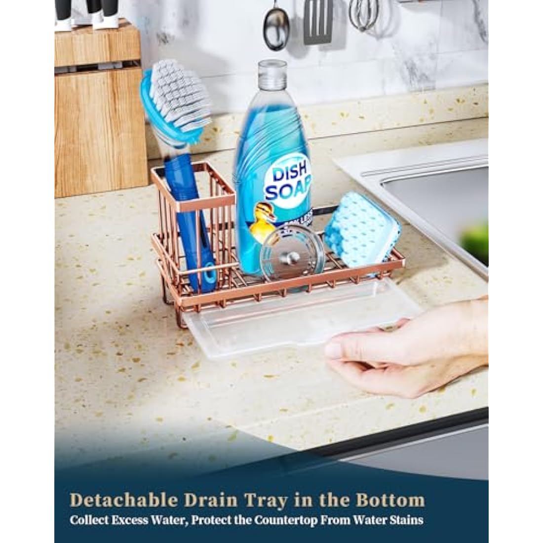 Consumest Kitchen Sink Caddy – 304 Stainless Steel Sponge Holder, Rose Gold