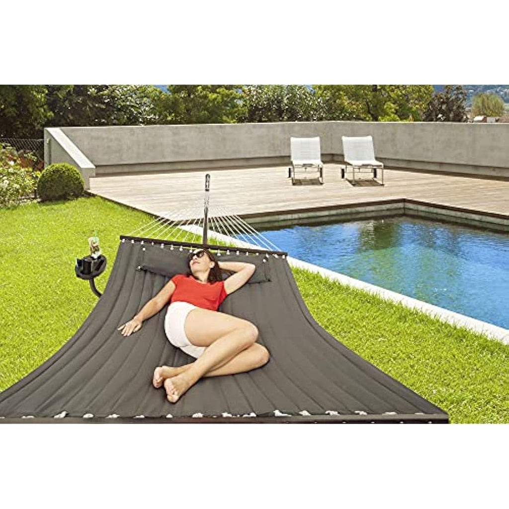 Vita5 Double Hammock with Heavy Duty Stand, Side Table & Pillow - Dark Grey
