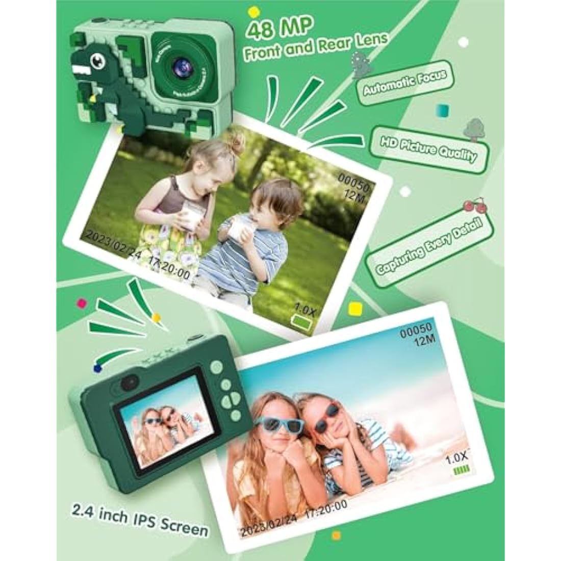 Kizeefun Kids Digital Camera – Dinosaur Building Block Toy with 32GB SD Card