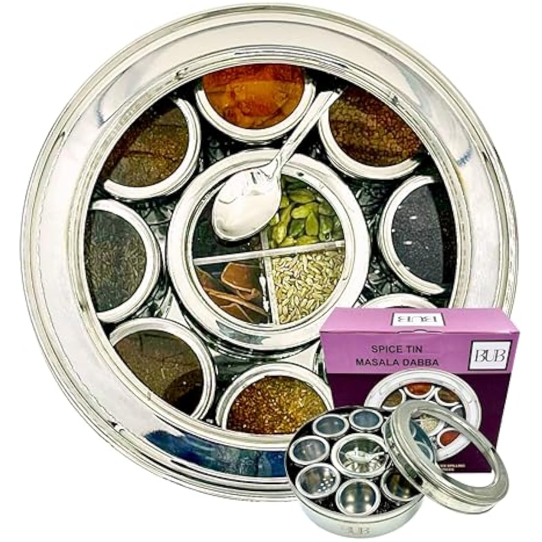 Bub Masala Dabba Spice Tin | 22cm Stainless Steel Box with 9 Jars