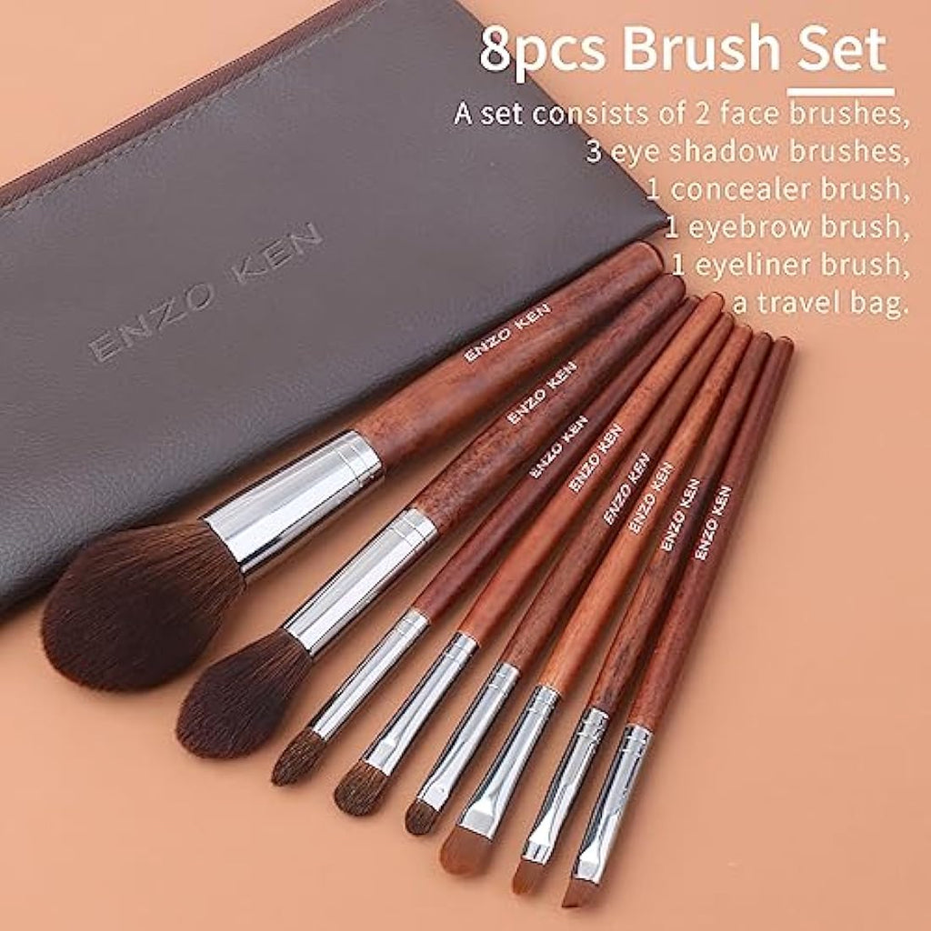 ENZO KEN Natural Horse Hair Makeup Brush Set with Walnut Handle & Case
