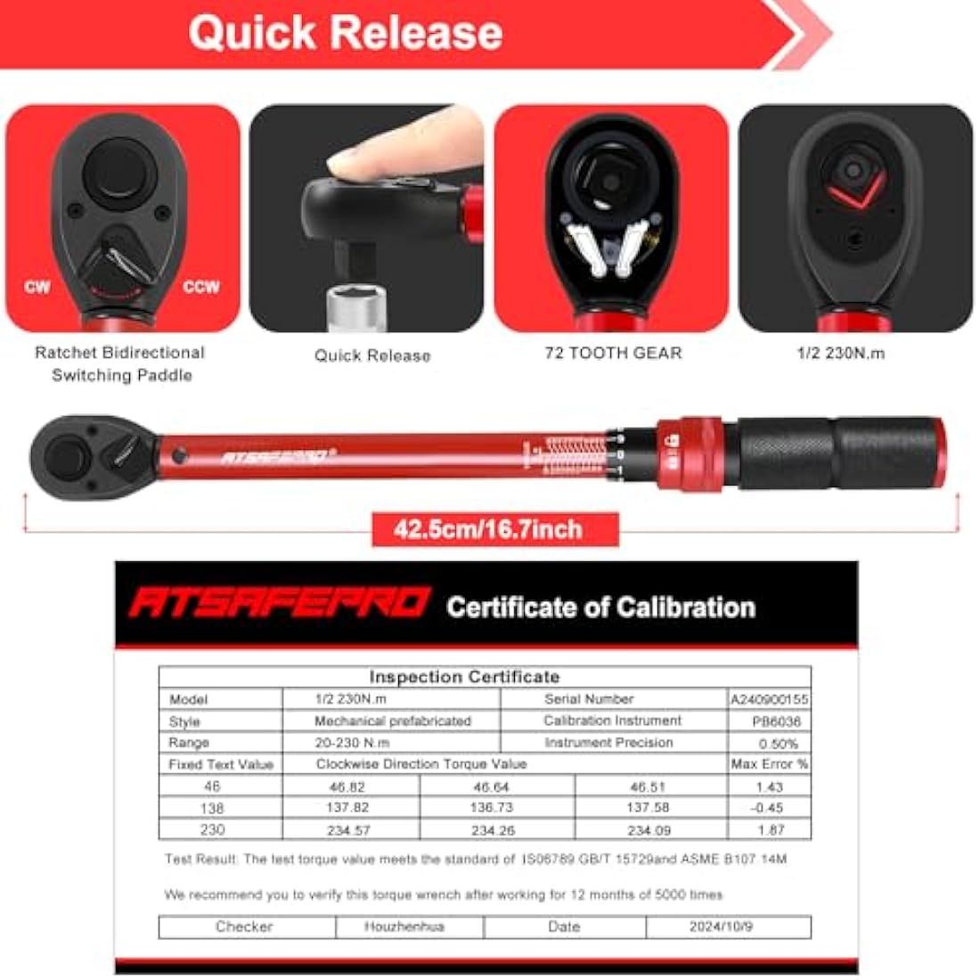 ATsafepro 1/2 Inch Torque Wrench | 20-230 Nm Dual-Direction Click Tool