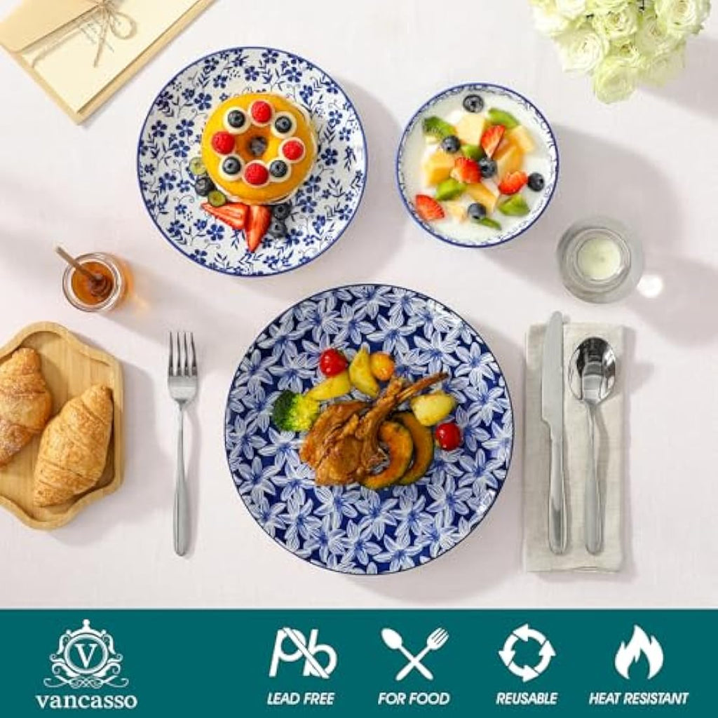 vancasso Selene 18-Piece Blue Floral Porcelain Dinner Set for 6
