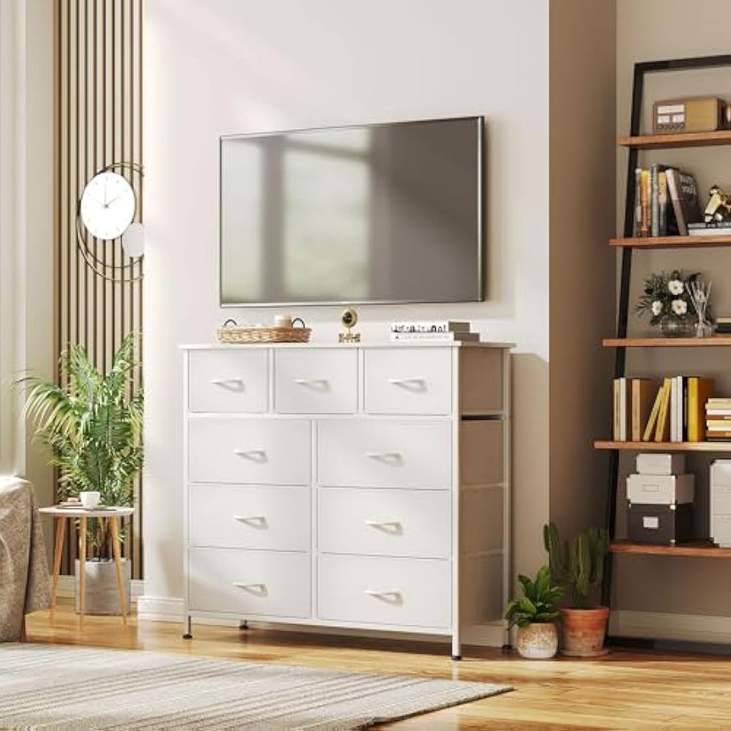 CAIYUN 9-Drawer Fabric Dresser | White Storage Chest with Wood Top