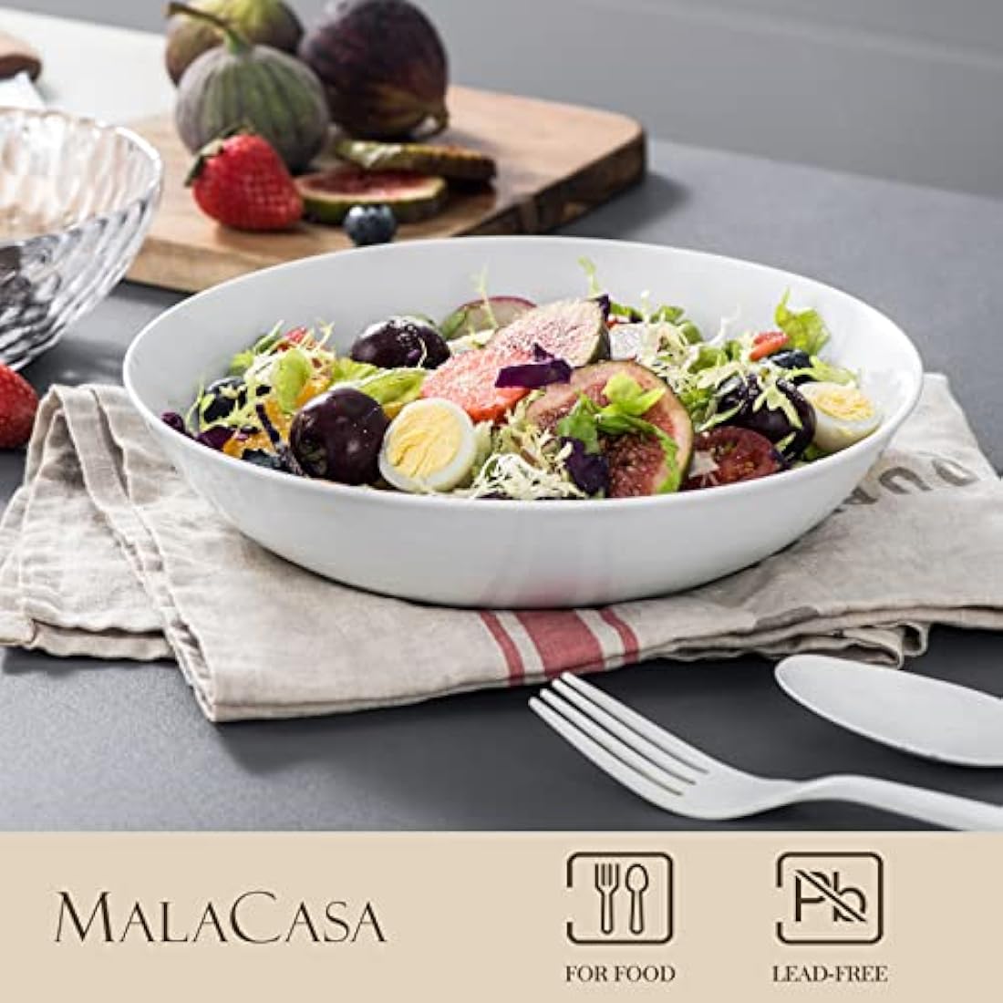 MALACASA 8" Porcelain Pasta Bowls - Set of 4 White Ceramic Salad Soup Bowls