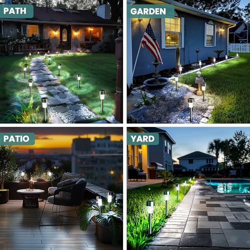 GIGALUMI Solar Garden Lights | 24 Pack Stainless Steel Pathway Lights